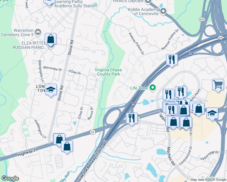 map of restaurants, bars, coffee shops, grocery stores, and more near 14408 Newton Patent Court in Centreville