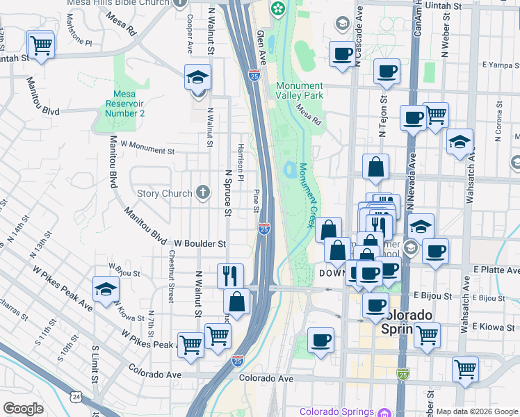 map of restaurants, bars, coffee shops, grocery stores, and more near 503 Pine Street in Colorado Springs