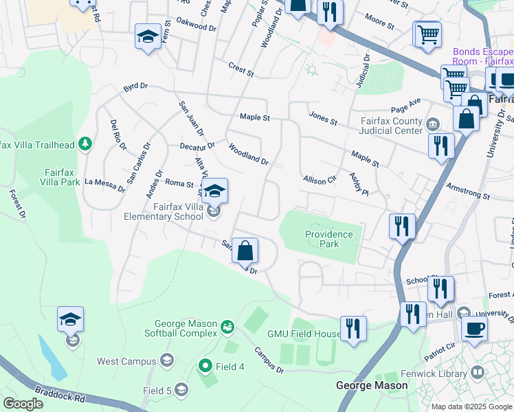 map of restaurants, bars, coffee shops, grocery stores, and more near 4312 Lamarre Drive in Fairfax