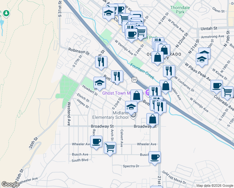 map of restaurants, bars, coffee shops, grocery stores, and more near 2310 Hagerman Street in Colorado Springs