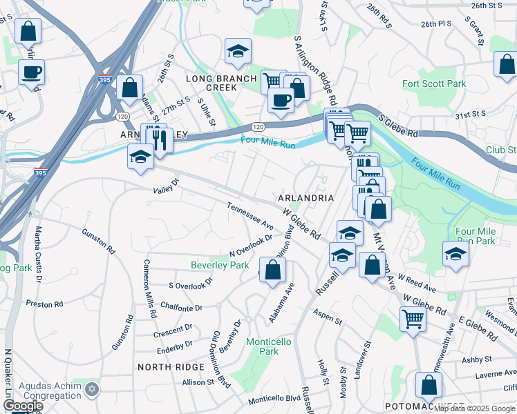 map of restaurants, bars, coffee shops, grocery stores, and more near 724 West Glebe Road in Alexandria