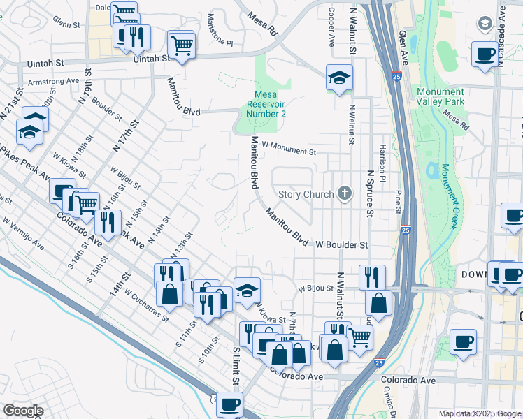 map of restaurants, bars, coffee shops, grocery stores, and more near 685 Pony Lane in Colorado Springs