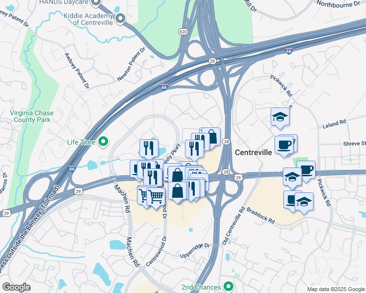 map of restaurants, bars, coffee shops, grocery stores, and more near 5804 Post Corners Trail in Centreville