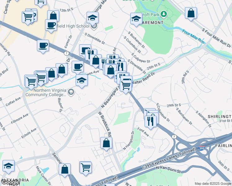 map of restaurants, bars, coffee shops, grocery stores, and more near 3440 Berkeley Street in Alexandria