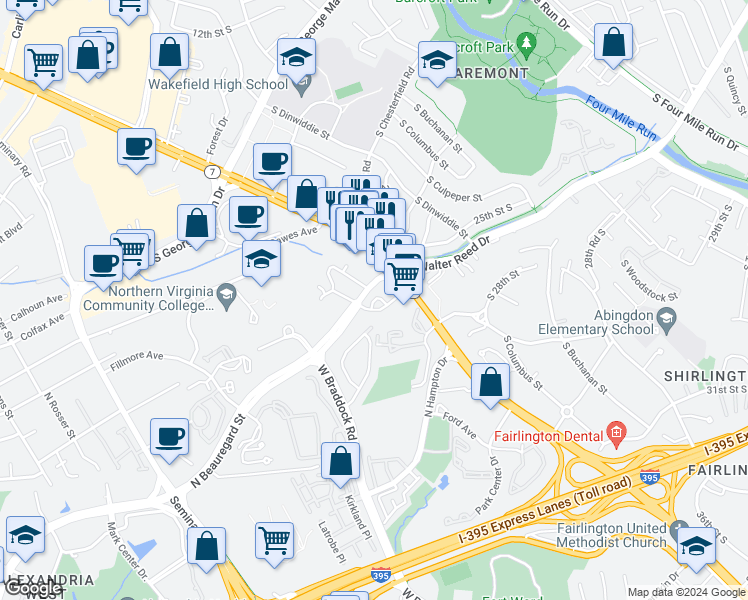 map of restaurants, bars, coffee shops, grocery stores, and more near 3450 North Beauregard Street in Alexandria
