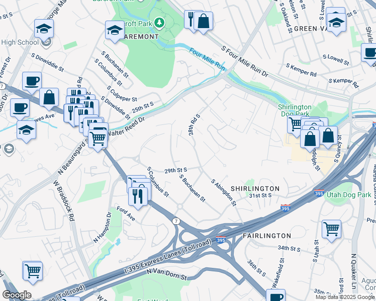 map of restaurants, bars, coffee shops, grocery stores, and more near 2848 South Abingdon Street in Arlington