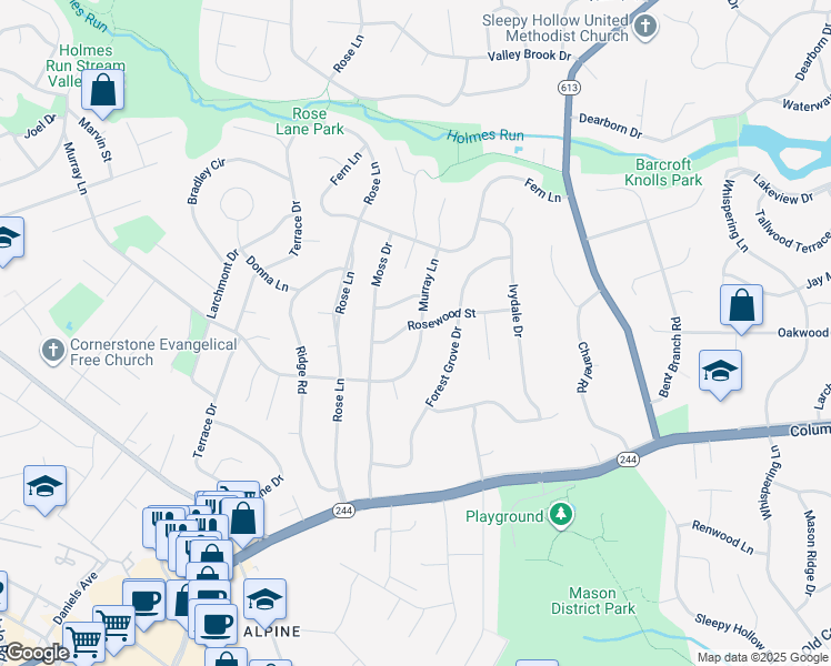 map of restaurants, bars, coffee shops, grocery stores, and more near 6838 Murray Lane in Annandale