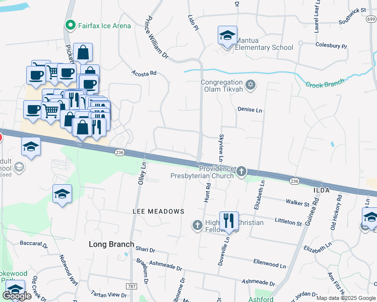 map of restaurants, bars, coffee shops, grocery stores, and more near 3995 Briarbush Way in Fairfax