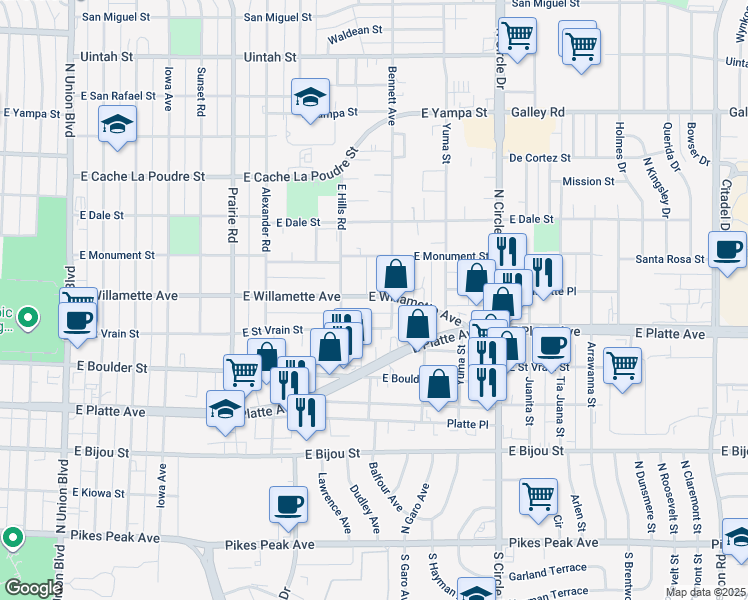 map of restaurants, bars, coffee shops, grocery stores, and more near 2515 East Willamette Avenue in Colorado Springs