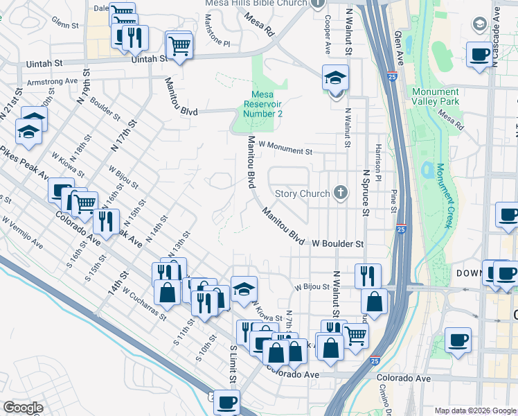 map of restaurants, bars, coffee shops, grocery stores, and more near 685 Pony Lane in Colorado Springs