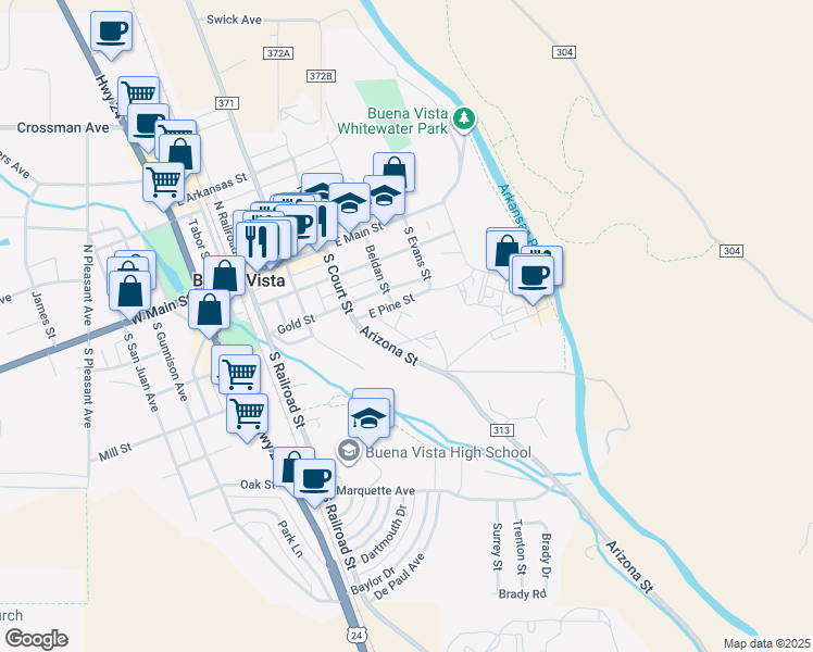 map of restaurants, bars, coffee shops, grocery stores, and more near 527 East Pine Street in Buena Vista