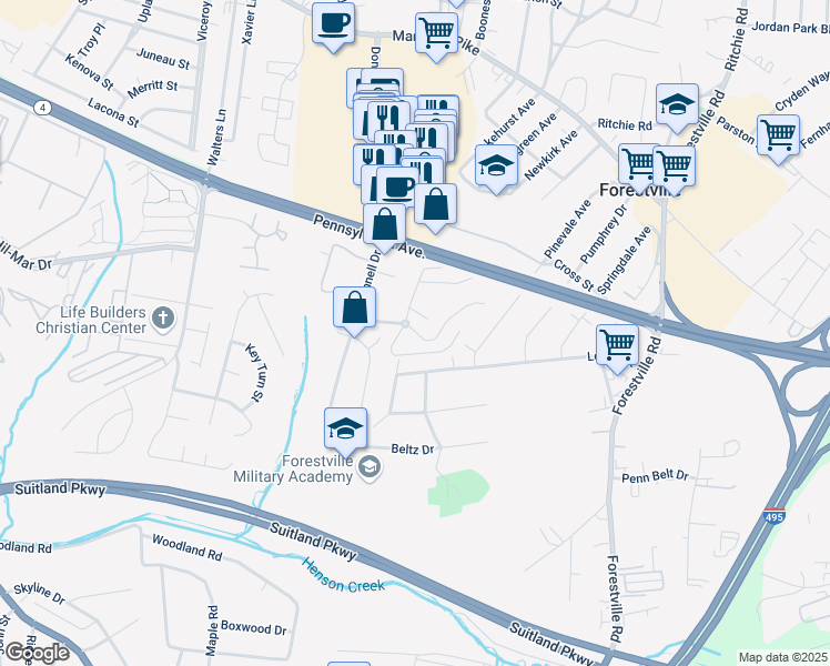 map of restaurants, bars, coffee shops, grocery stores, and more near 7314 Donnell Place in District Heights