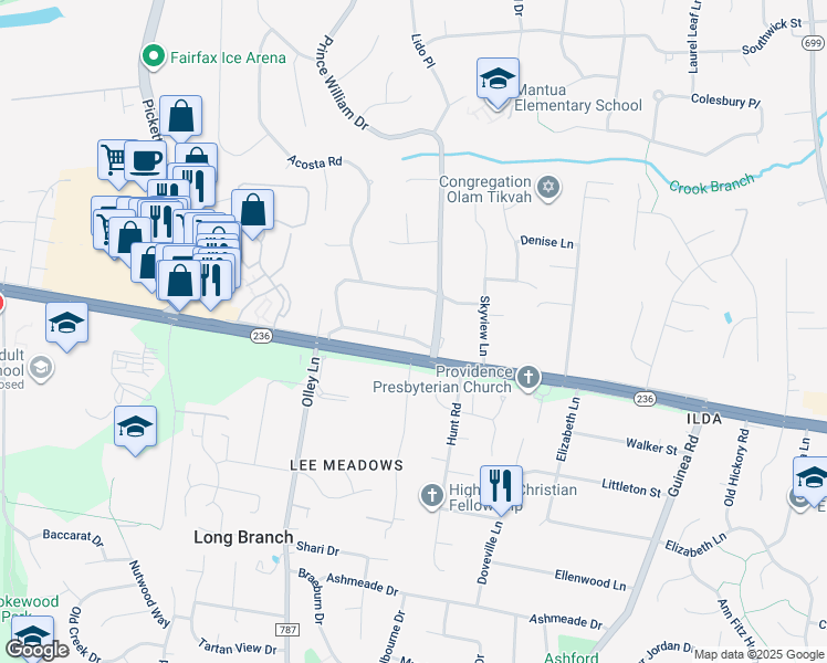 map of restaurants, bars, coffee shops, grocery stores, and more near 3995 Briarbush Way in Fairfax