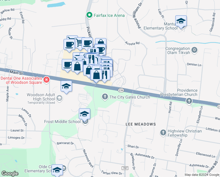 map of restaurants, bars, coffee shops, grocery stores, and more near 9525 Little River Turnpike in Fairfax