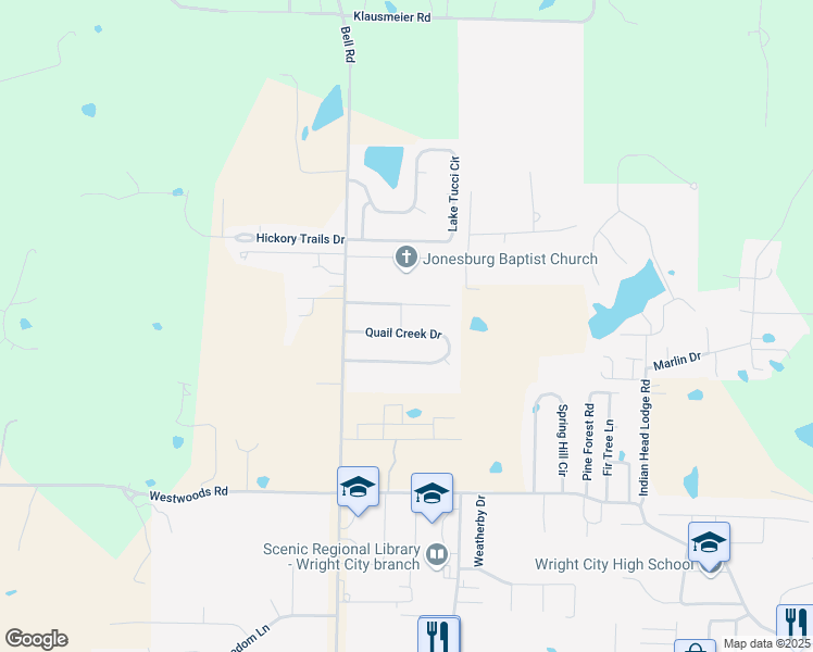 map of restaurants, bars, coffee shops, grocery stores, and more near 115 Quail Creek Drive in Wright City