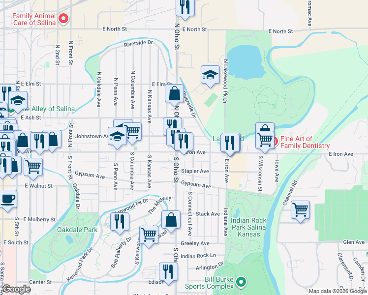 map of restaurants, bars, coffee shops, grocery stores, and more near 111 North Connecticut Avenue in Salina