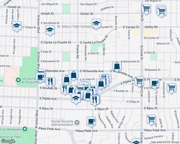 map of restaurants, bars, coffee shops, grocery stores, and more near 2411 East Willamette Avenue in Colorado Springs