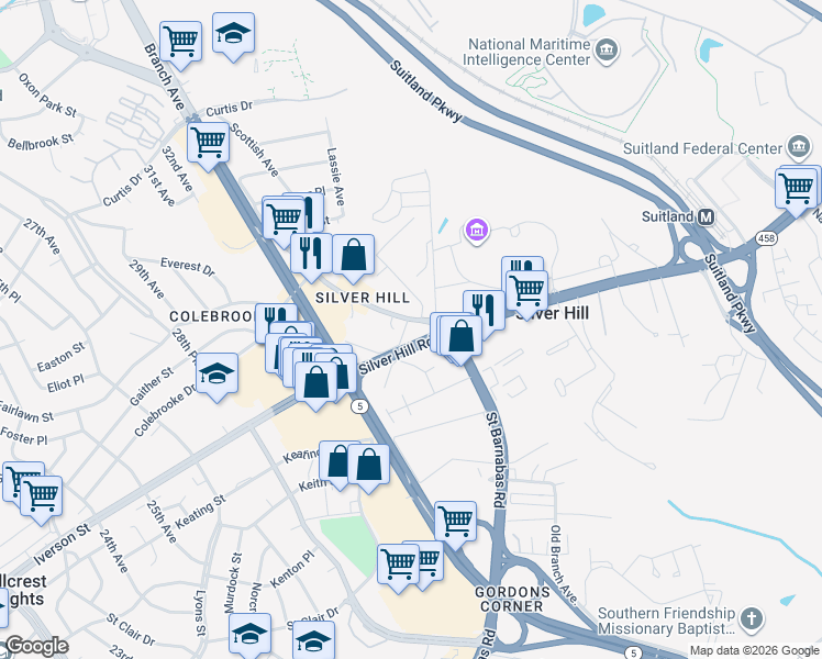 map of restaurants, bars, coffee shops, grocery stores, and more near 3901 Old Silver Hill Road in Hillcrest Heights