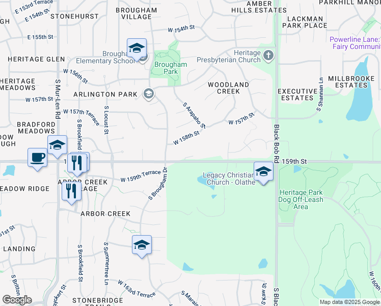 map of restaurants, bars, coffee shops, grocery stores, and more near 15718 West 158th Terrace in Olathe