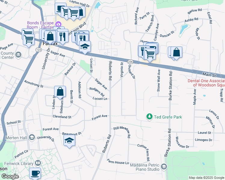 map of restaurants, bars, coffee shops, grocery stores, and more near 4101 Roberts Road in Fairfax