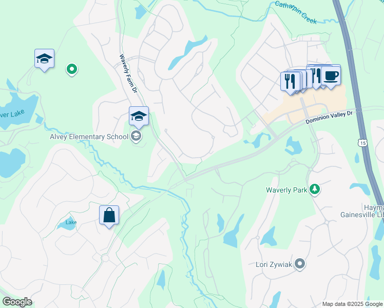 map of restaurants, bars, coffee shops, grocery stores, and more near 5418 Trevino Drive in Haymarket