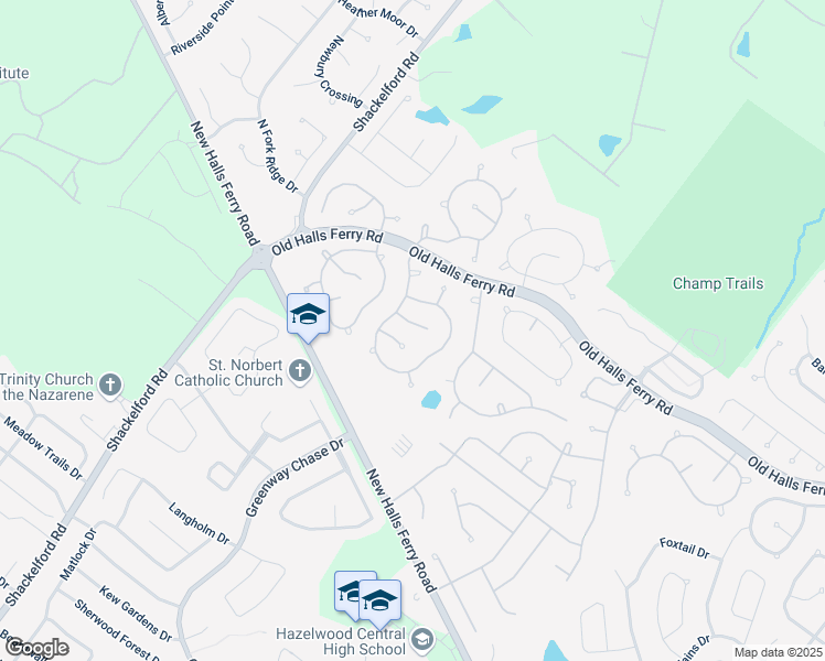 map of restaurants, bars, coffee shops, grocery stores, and more near 1120 Sea Biscuit Court in Florissant