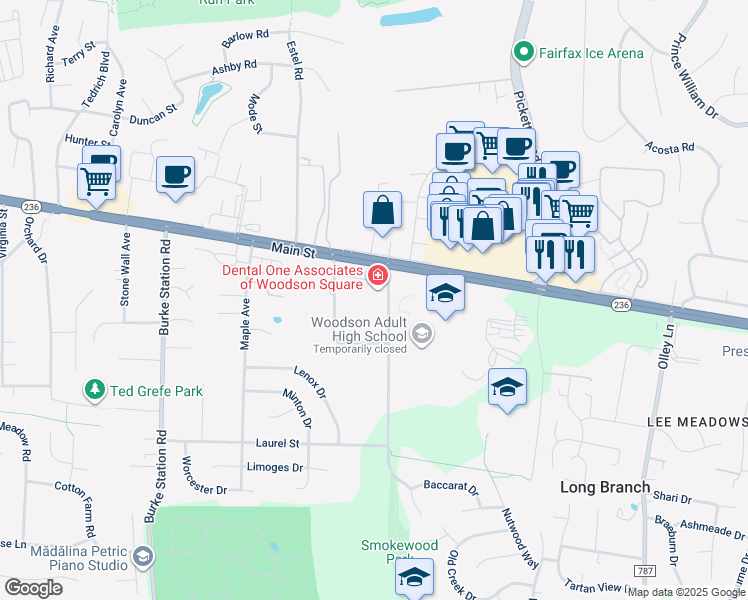 map of restaurants, bars, coffee shops, grocery stores, and more near 4024 Whitacre Road in Fairfax