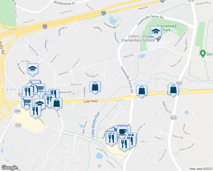 map of restaurants, bars, coffee shops, grocery stores, and more near 5528 Ajuga Court in Centreville