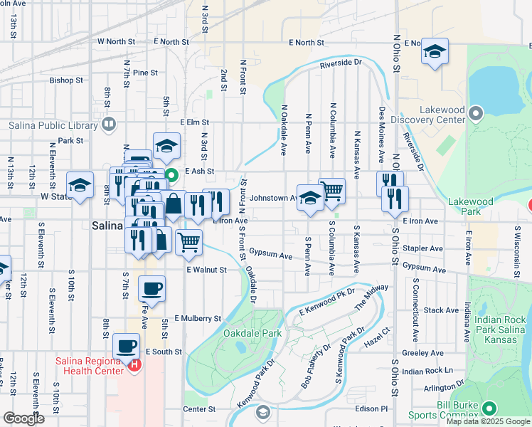 map of restaurants, bars, coffee shops, grocery stores, and more near 627 East Iron Avenue in Salina