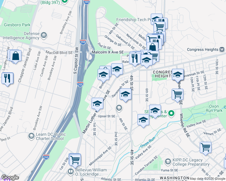 map of restaurants, bars, coffee shops, grocery stores, and more near 3400 Martin Luther King Junior Avenue Southeast in Washington