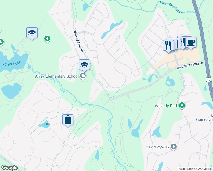 map of restaurants, bars, coffee shops, grocery stores, and more near 5435 Trevino Drive in Haymarket
