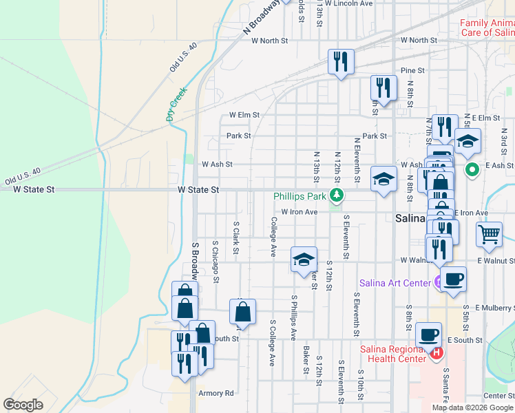map of restaurants, bars, coffee shops, grocery stores, and more near 108 Northwest Place in Salina