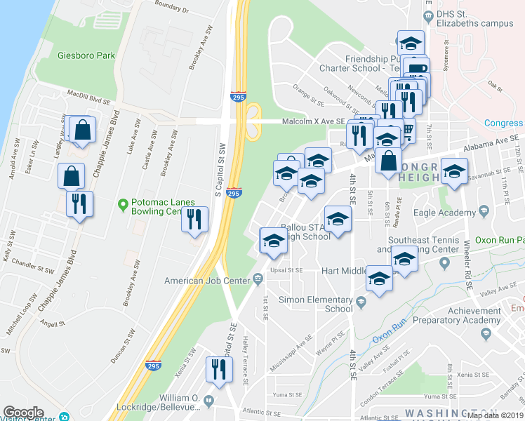 map of restaurants, bars, coffee shops, grocery stores, and more near 131 Raleigh Street Southeast in Washington