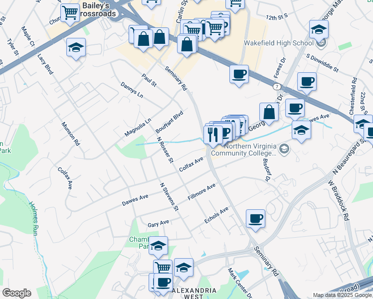 map of restaurants, bars, coffee shops, grocery stores, and more near 5447 Calhoun Avenue in Alexandria