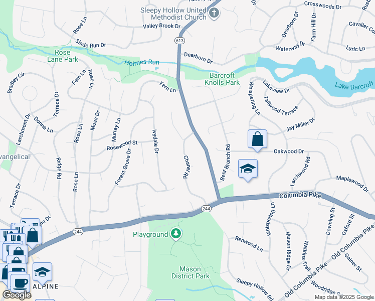 map of restaurants, bars, coffee shops, grocery stores, and more near 3803 Chanel Road in Annandale