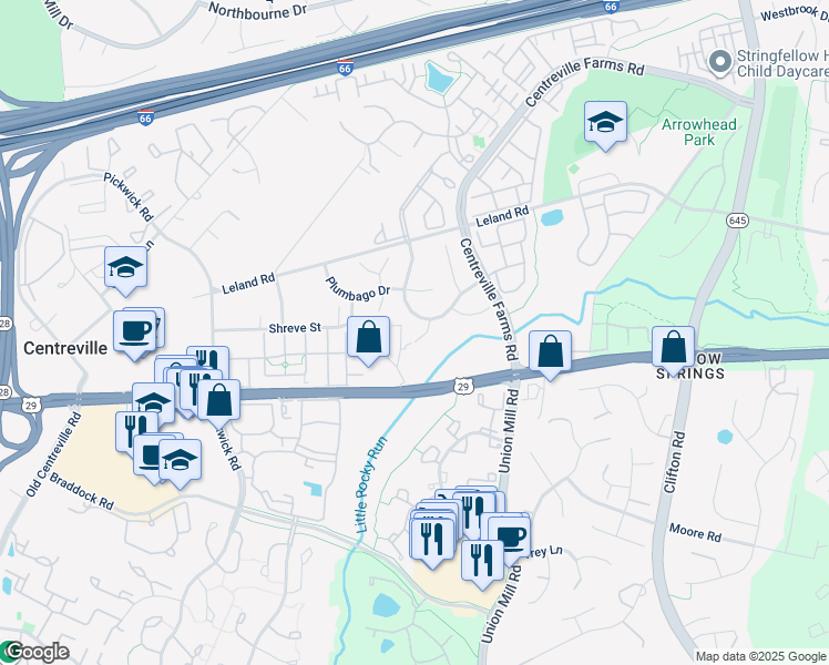 map of restaurants, bars, coffee shops, grocery stores, and more near 5528 Ajuga Court in Centreville
