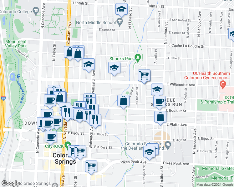 map of restaurants, bars, coffee shops, grocery stores, and more near 618 East Saint Vrain Street in Colorado Springs