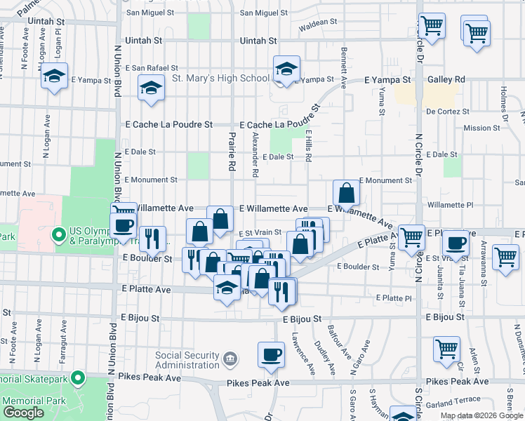 map of restaurants, bars, coffee shops, grocery stores, and more near 2411 East Willamette Avenue in Colorado Springs
