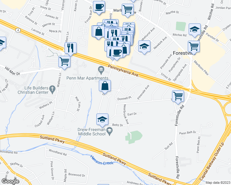 map of restaurants, bars, coffee shops, grocery stores, and more near 7207 Donnell Place in Forestville