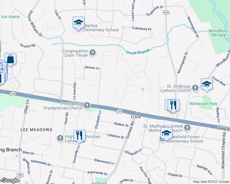 map of restaurants, bars, coffee shops, grocery stores, and more near 3916 Bentwood Court in Fairfax