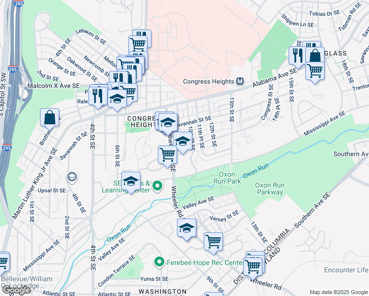 map of restaurants, bars, coffee shops, grocery stores, and more near 3324 Wheeler Road Southeast in Washington
