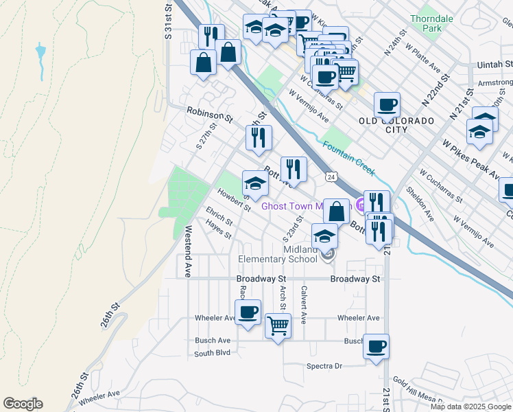 map of restaurants, bars, coffee shops, grocery stores, and more near 815 South 25th Street in Colorado Springs