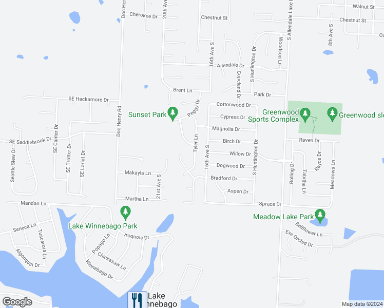 map of restaurants, bars, coffee shops, grocery stores, and more near 1304 Tyler Lane in Greenwood