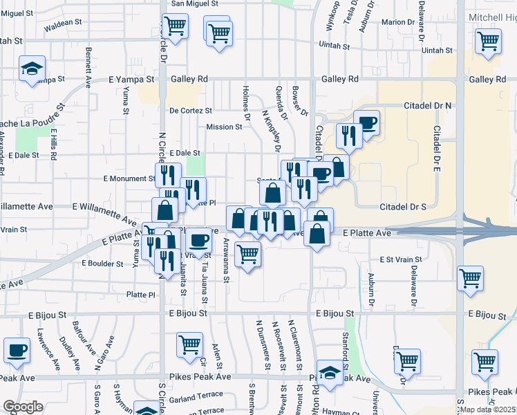 map of restaurants, bars, coffee shops, grocery stores, and more near 3208 East Platte Avenue in Colorado Springs