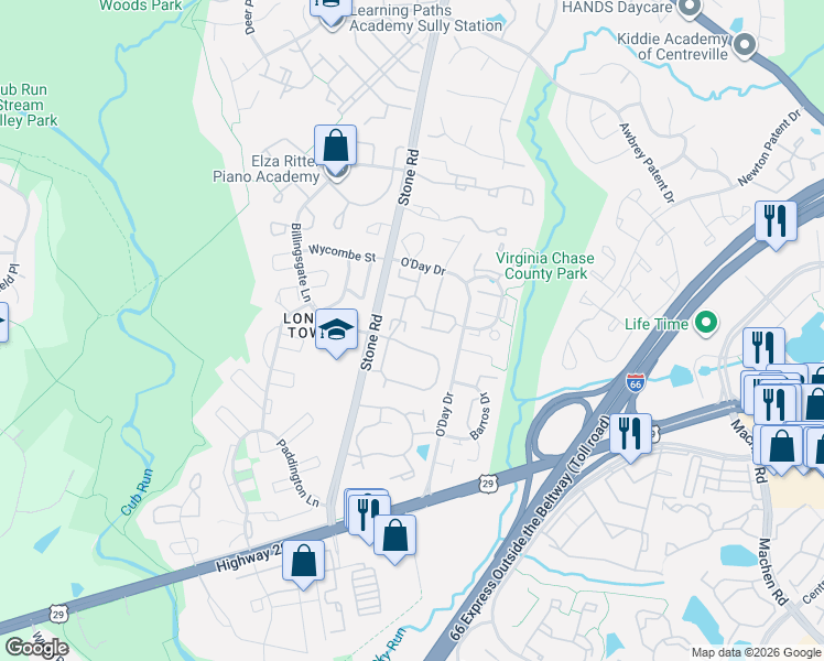 map of restaurants, bars, coffee shops, grocery stores, and more near 6017 Creekstone Lane in Centreville