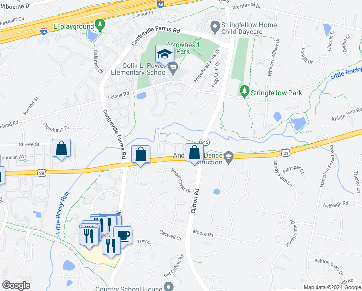 map of restaurants, bars, coffee shops, grocery stores, and more near 13235 Maple Creek Lane in Centreville