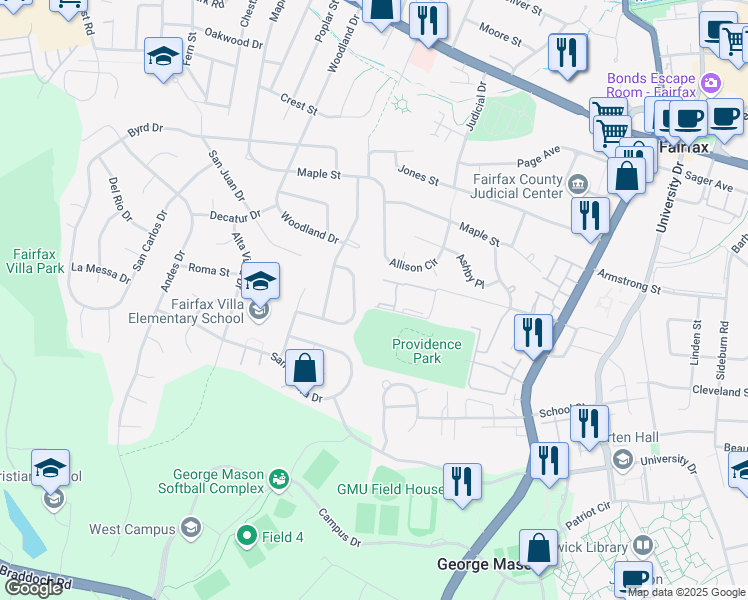 map of restaurants, bars, coffee shops, grocery stores, and more near 10734 West Drive in Fairfax