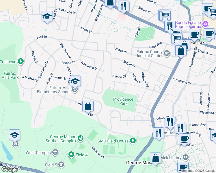 map of restaurants, bars, coffee shops, grocery stores, and more near 10734 West Drive in Fairfax