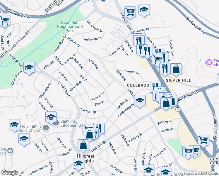 map of restaurants, bars, coffee shops, grocery stores, and more near 2603 Easton Street in Temple Hills