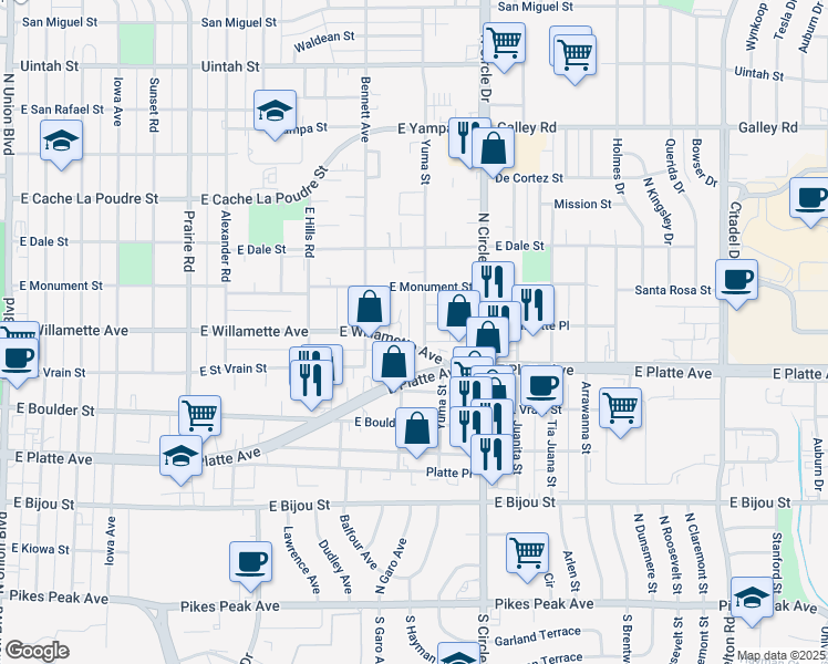 map of restaurants, bars, coffee shops, grocery stores, and more near 521 Yuma Street in Colorado Springs